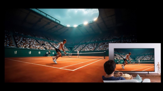 A live tennis match in a stadium mirrored on a living room TV screen, symbolizing Virtual Placement's built-in replay functionality—delivering broadcast-quality replays directly from the same system