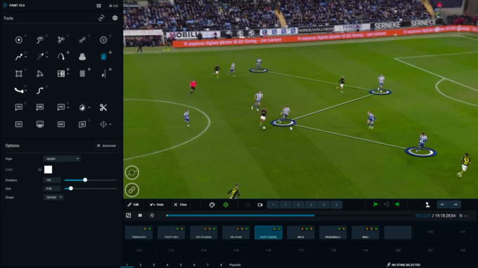 PAINT™ user interface showing real-time soccer telestration with player highlights. The built-in playlist tool is visible below, enabling operators to organize and play back curated highlight sequences—demonstrating PAINT’s all-in-one replay, telestration, and playout system without the need for external servers.