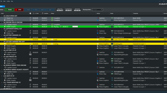 PRIME Commander's production automation interface during a live production
