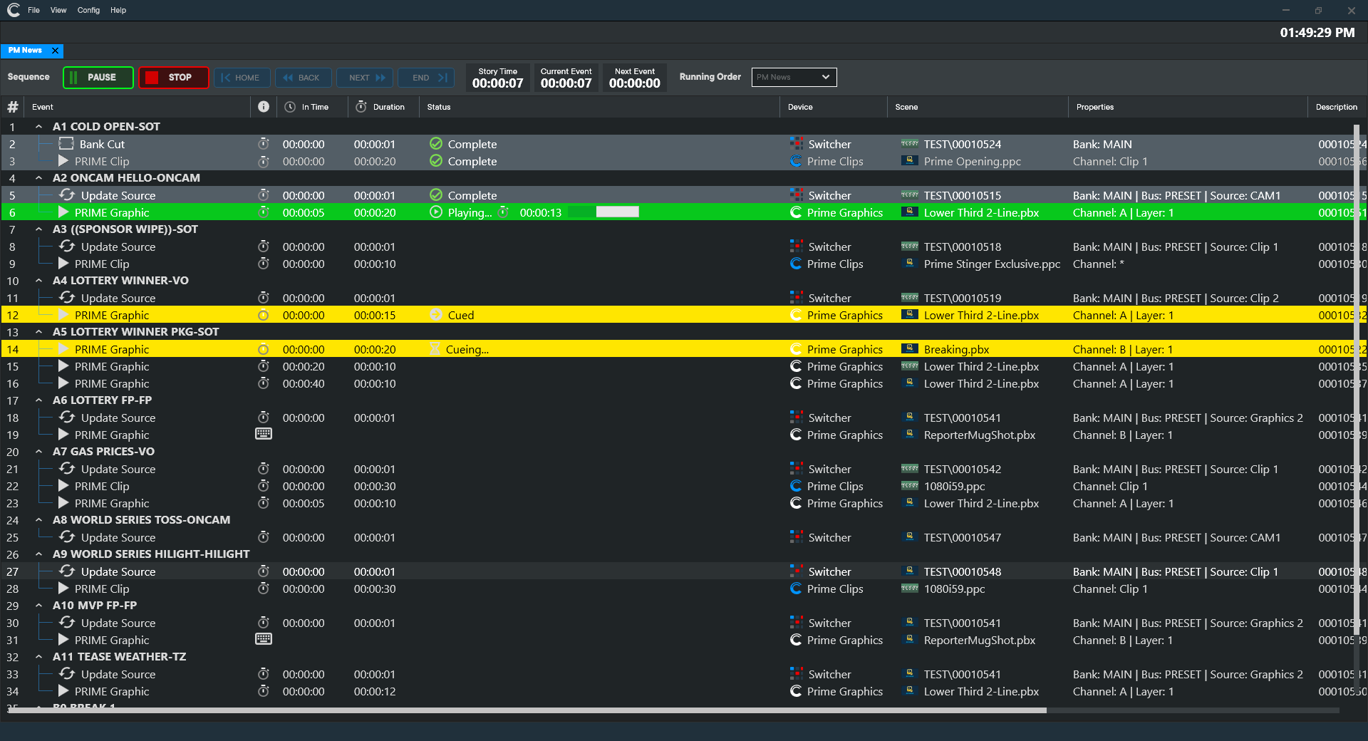 PRIME Commander's production automation interface during a live production