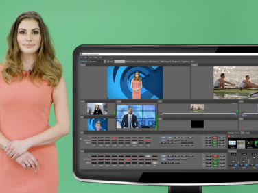 PRIME Switcher's chroma key adding a virtual background to a green screen input