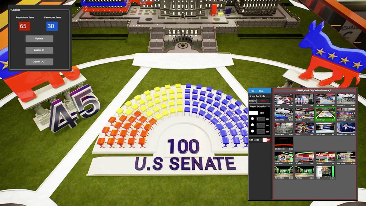 Zooming into a 3D model of the US capitol to examine election results in a virtual set