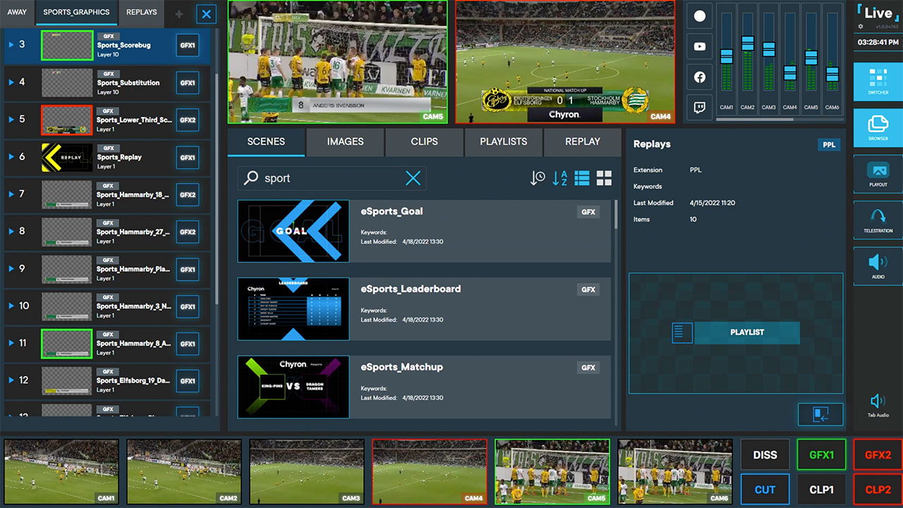 Chyron LIVE's interface for broadcast graphics and clip playout in a cloud production environment