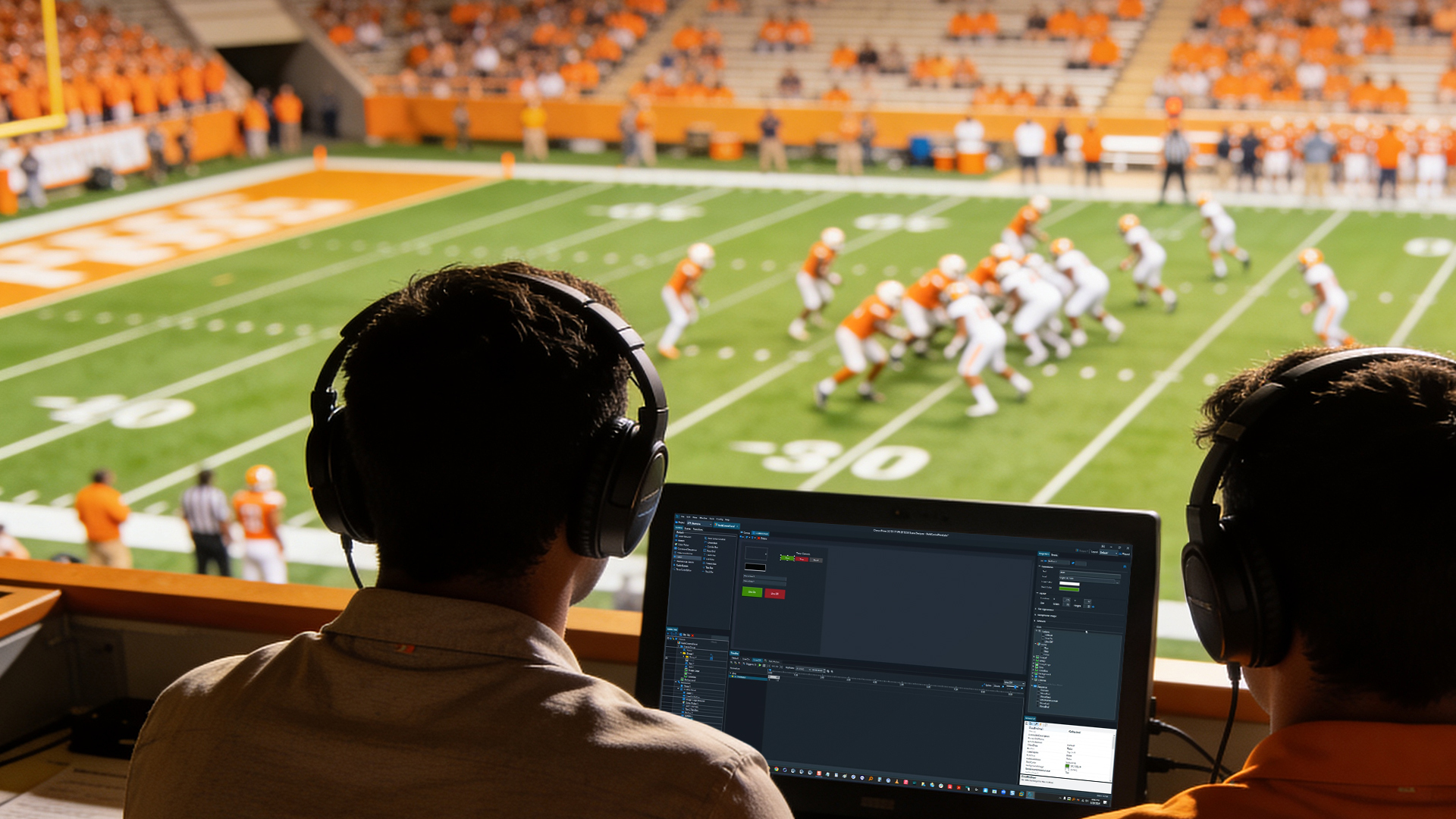 Student broadcast training in college athletics featuring a student operator managing a live sports production environment with broadcast graphics and game-day production tools.