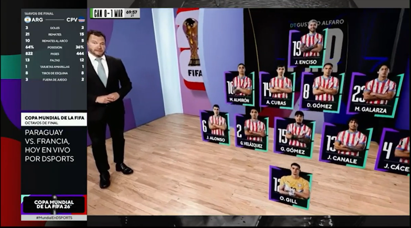 Torneos uses Chyron VSAR augmented reality to present the Paraguay versus France soccer lineup, integrating player information and broadcast graphics directly into an immersive virtual football environment during FIFA World Cup 2026 coverage.