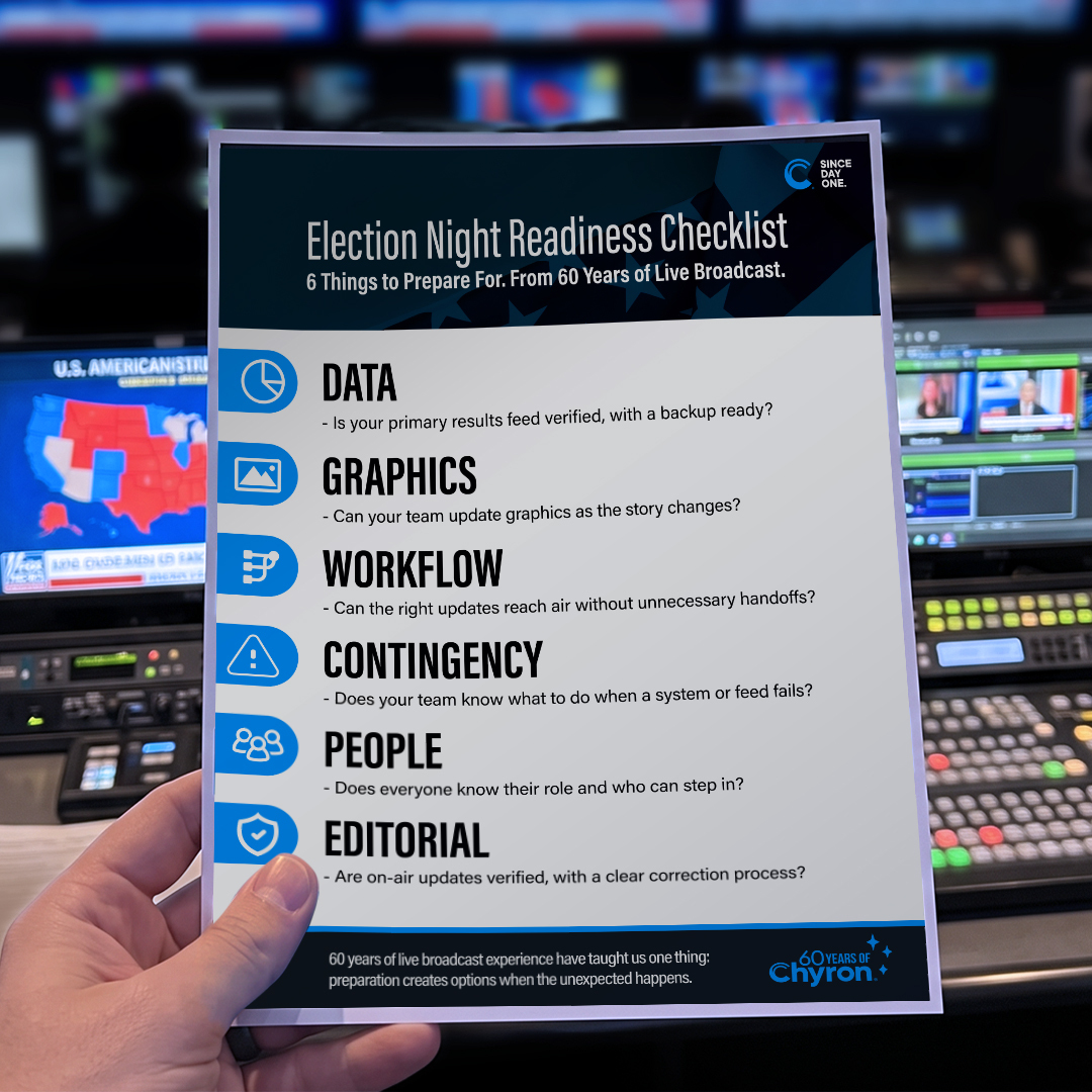 Chyron’s Election Night Readiness Checklist covering data, graphics, workflow, contingency plans, people, and editorial decisions.